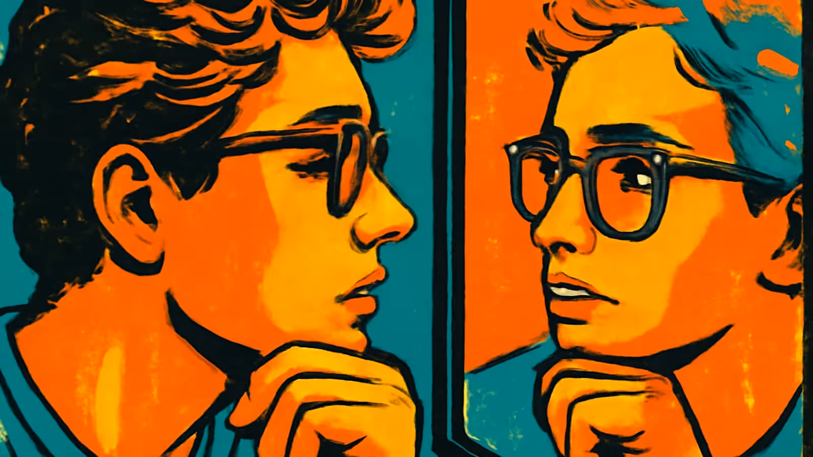 Ilustración de pop-art de un hombre con gafas mirando su propio reflejo en un espejo.