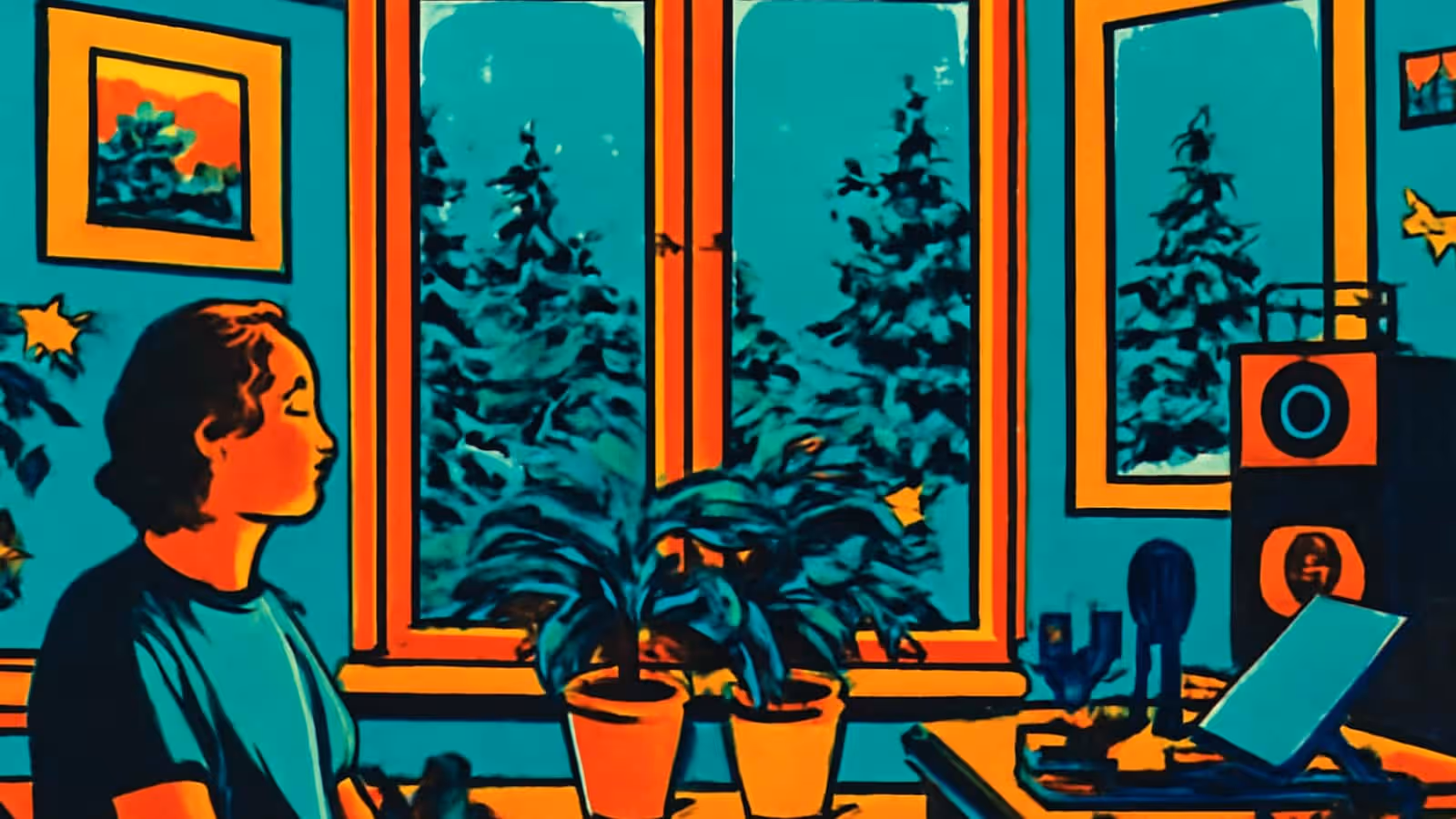 Eine Person im Profil neben hohen Fenstern, die auf schneebedeckte Nadelbäume schaut, mit Topfpflanzen auf der Fensterbank und einem Laptop auf einem Schreibtisch zur Seite, dargestellt als flache orange und türkisfarbene Illustration.