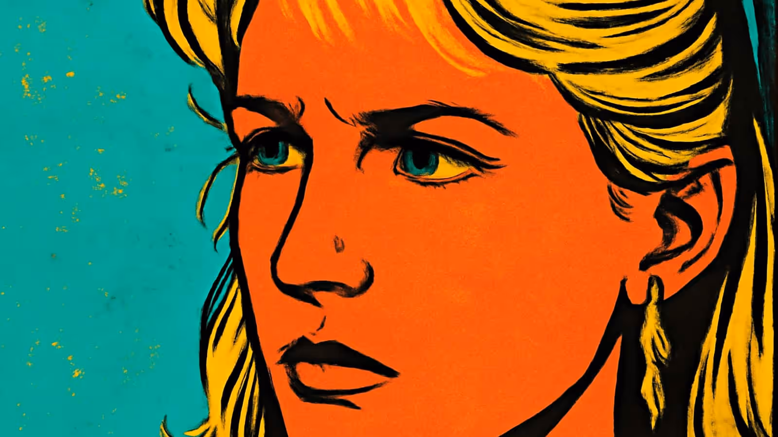 Eine Nahaufnahme einer Frau mit blonden Haaren, die mit gerunzelter Stirn nach vorne schaut, dargestellt als flache orange und teal Illustration.