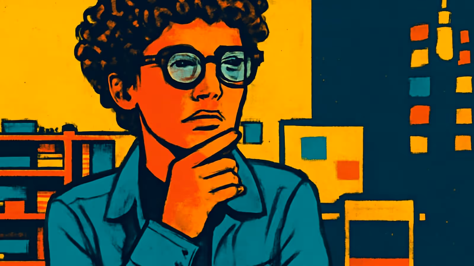شخص ذو شعر مجعد ونظارات يستند بيده على ذقنه، ينظر إلى الأعلى متجاوزًا الكاميرا، مصورًا كرسمة مسطحة باللونين الأصفر والبرتقالي والأخضر الفاتح.