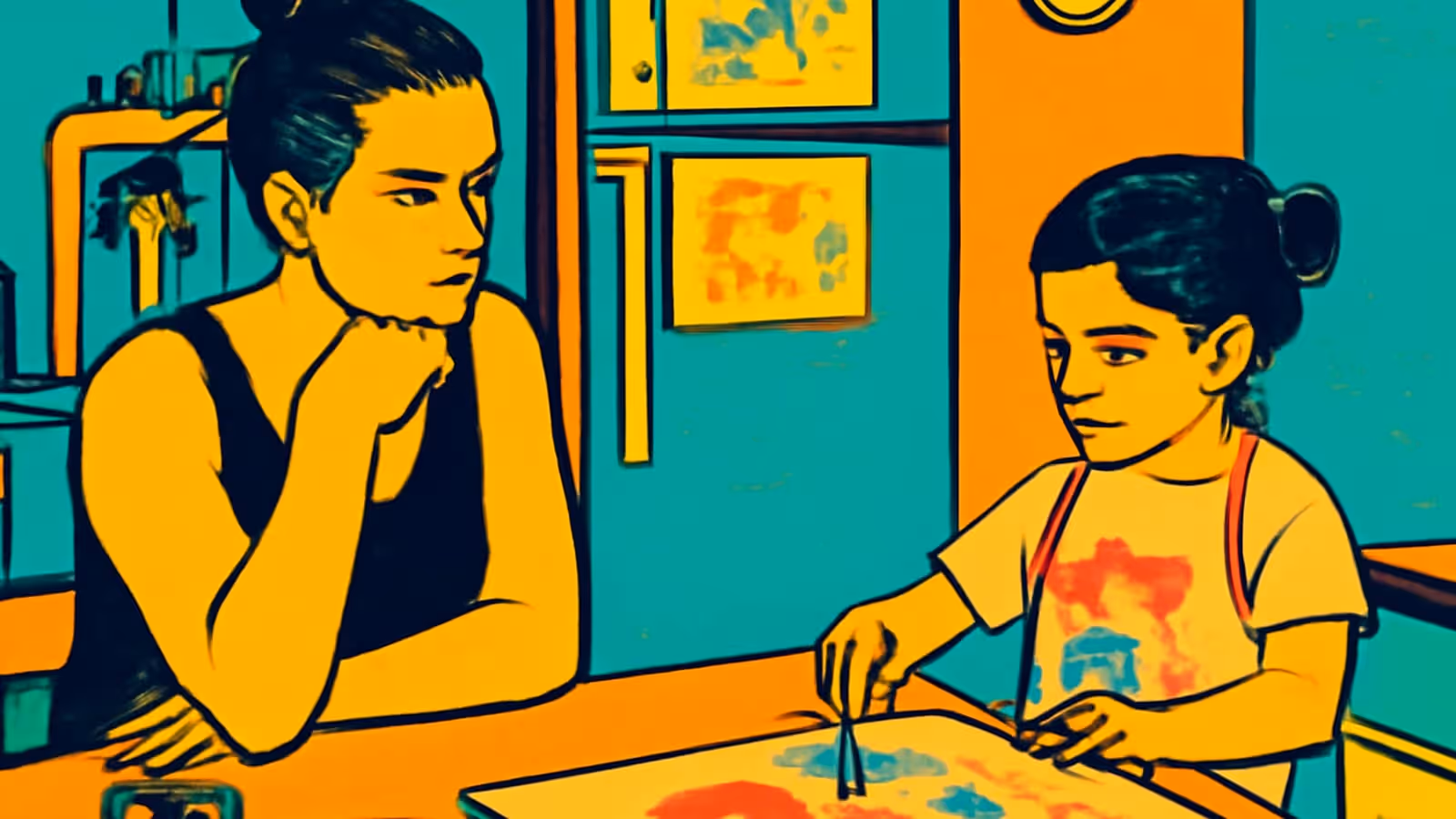 Pop-Art-Illustration eines Erwachsenen, der sein Kinn auf eine Hand stützt, an einem Küchentisch sitzt und einem Kind zusieht, das auf ein Blatt Papier malt.