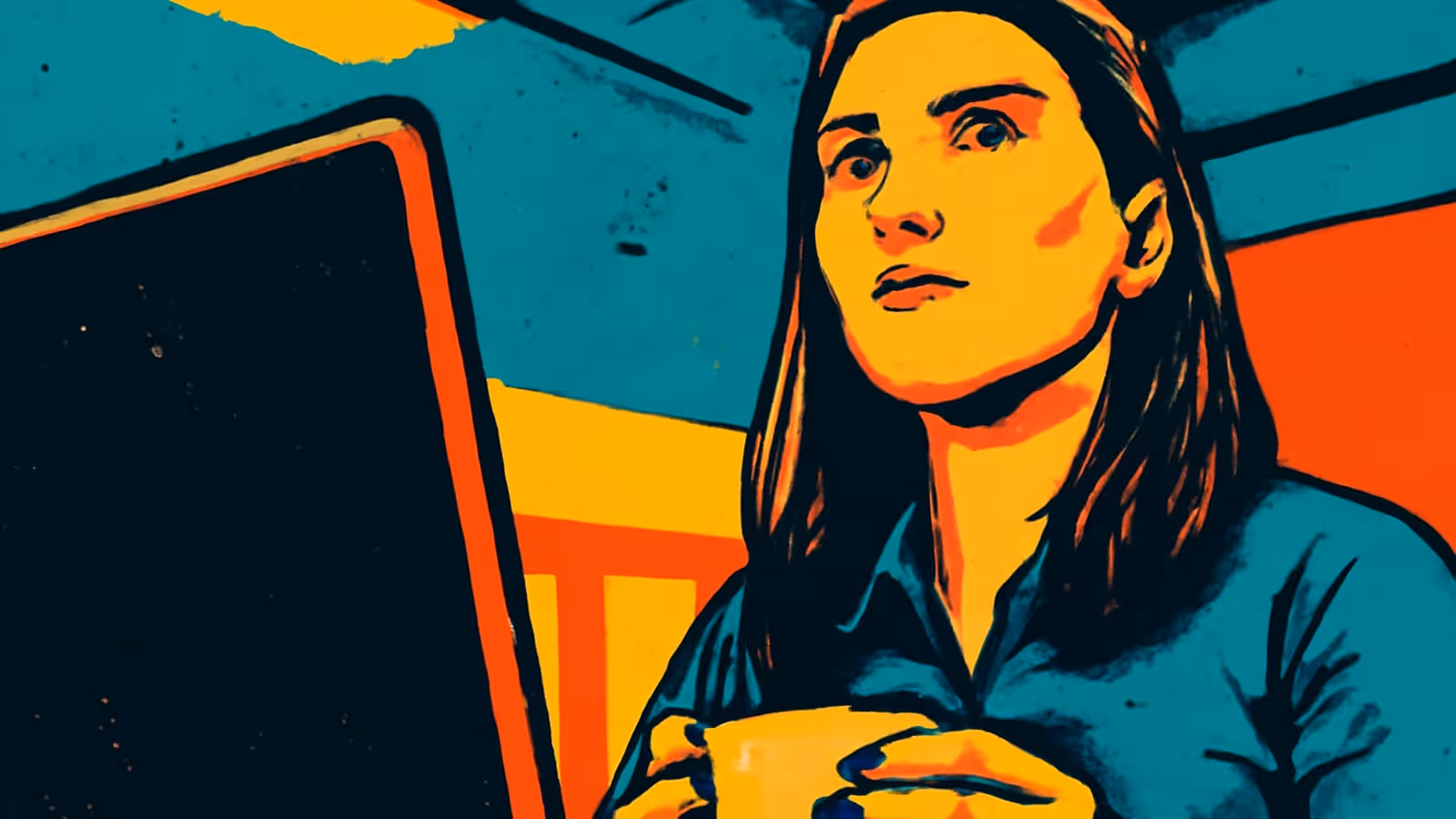 Illustration pop-art d'une femme tenant une tasse dans les deux mains à un bureau, regardant vers le haut et au-delà du bord d'un ordinateur portable ouvert.