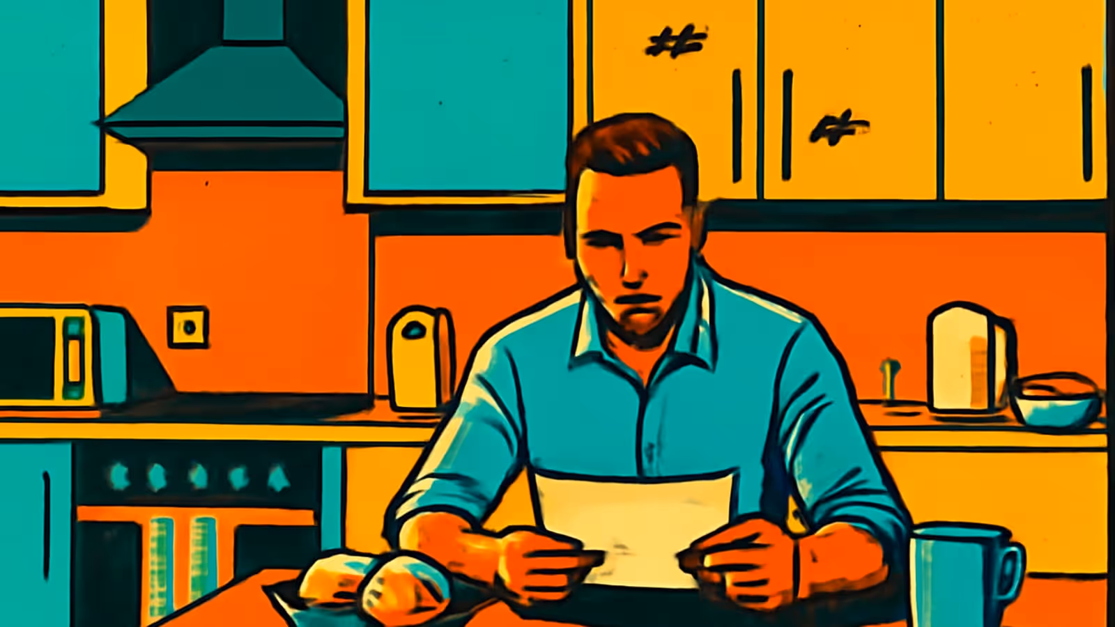 Pop-Art-Illustration eines Mannes, der an einem Küchentisch sitzt und ein Blatt Papier liest, mit Schränken und einer Tasse hinter ihm.