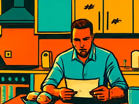 Pop-art illustration of a man sitting at a kitchen table reading a sheet of paper, with cupboards and a mug behind him.