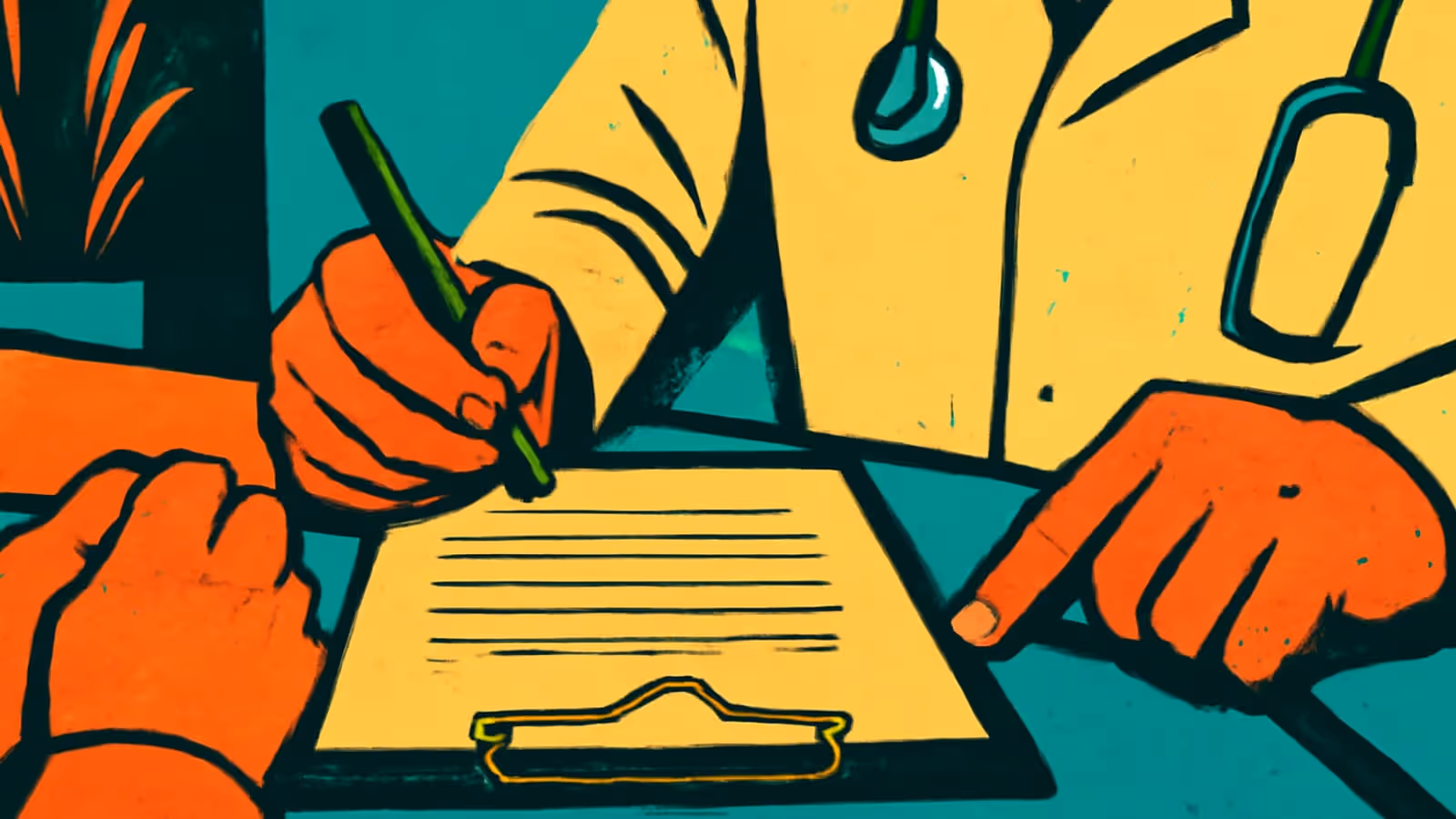 Pop-Art-Illustration von zwei Händen von Personen an einem Schreibtisch über einem Clipboard, eine schreibt mit einem Stift und eine zeigt auf das Formular, neben einem Kliniker in einem hellen Kittel mit einem Stethoskop.
