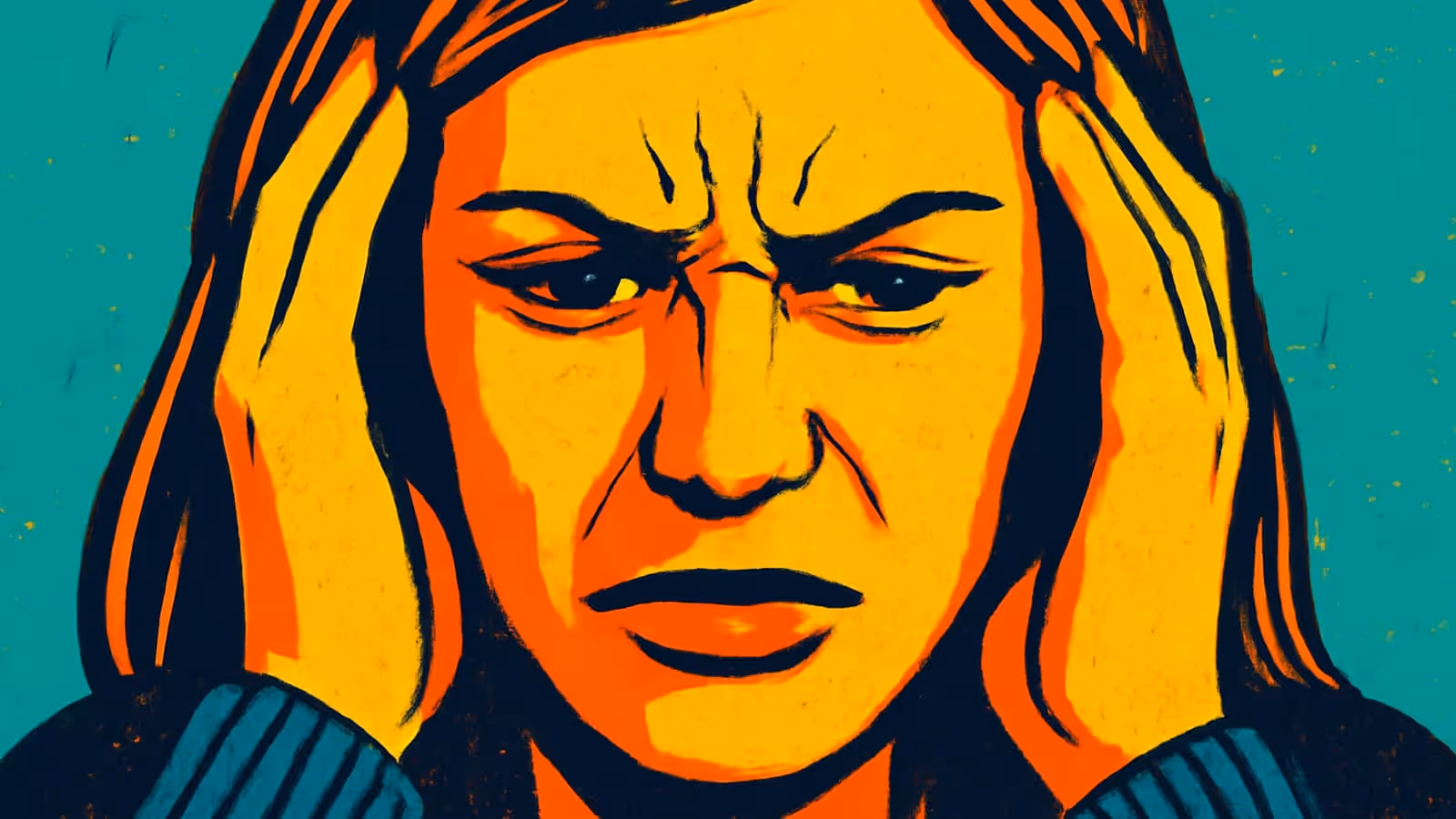 Pop-Art-Illustration einer Person, die beide Hände an die Seiten ihres Kopfes drückt, mit zusammengezogenen Augenbrauen, vor einem flachen grünen Hintergrund.