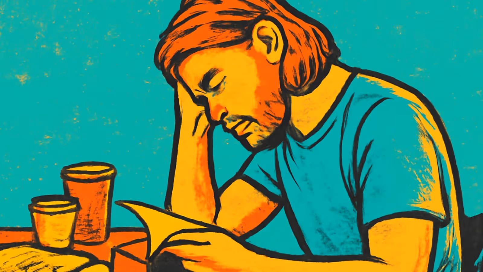 Pop-Art-Illustration einer Person, die sich mit einer Hand auf einen Tisch lehnt und auf die Papiere vor sich schaut.