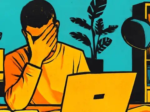 Pop-art illustration of a man sitting at a desk with a laptop, covering his face with one hand, in orange and teal.