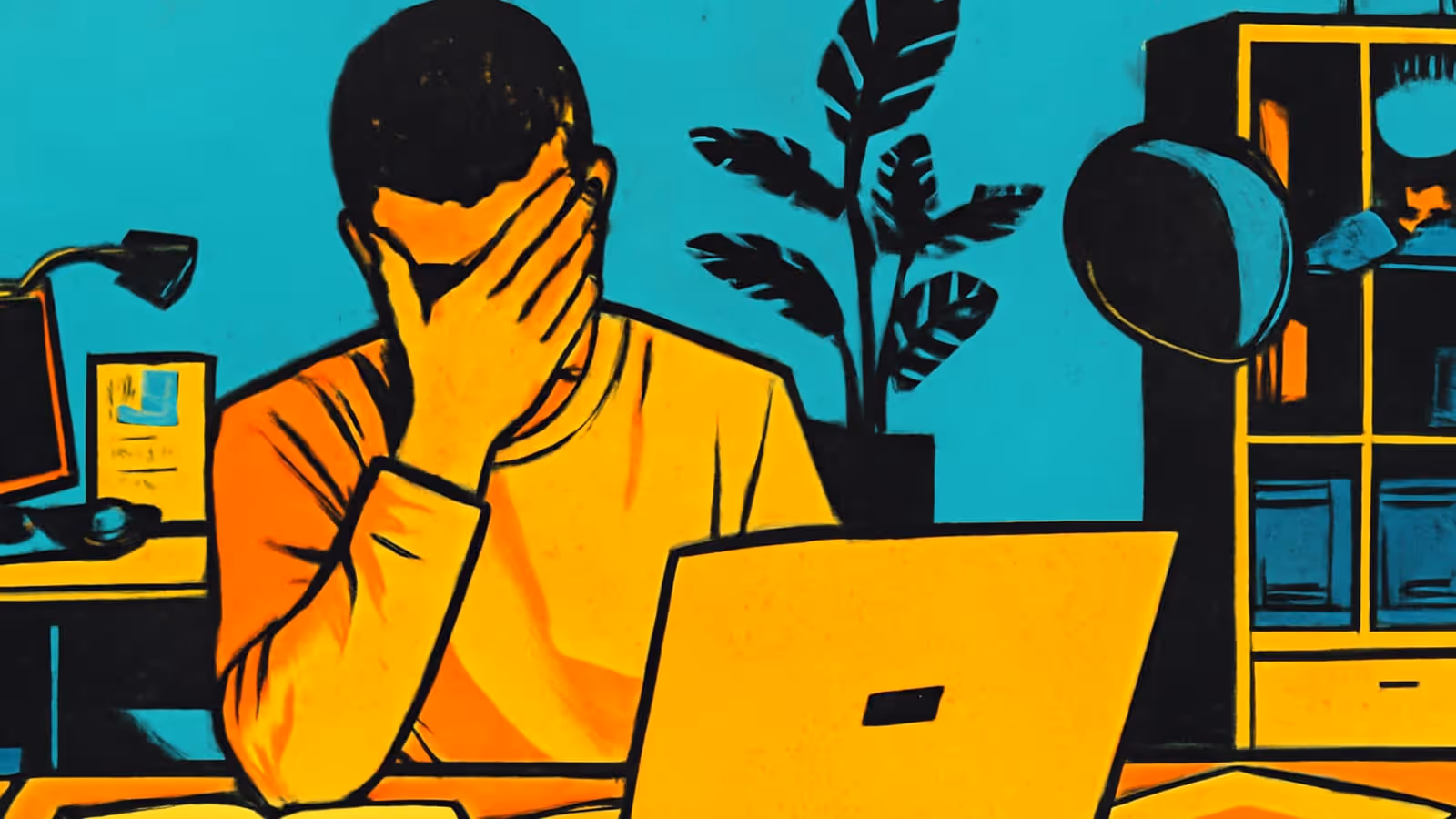 Pop-Art-Illustration eines Mannes, der an einem Schreibtisch mit einem Laptop sitzt und sein Gesicht mit einer Hand bedeckt, in Orange und Teal.