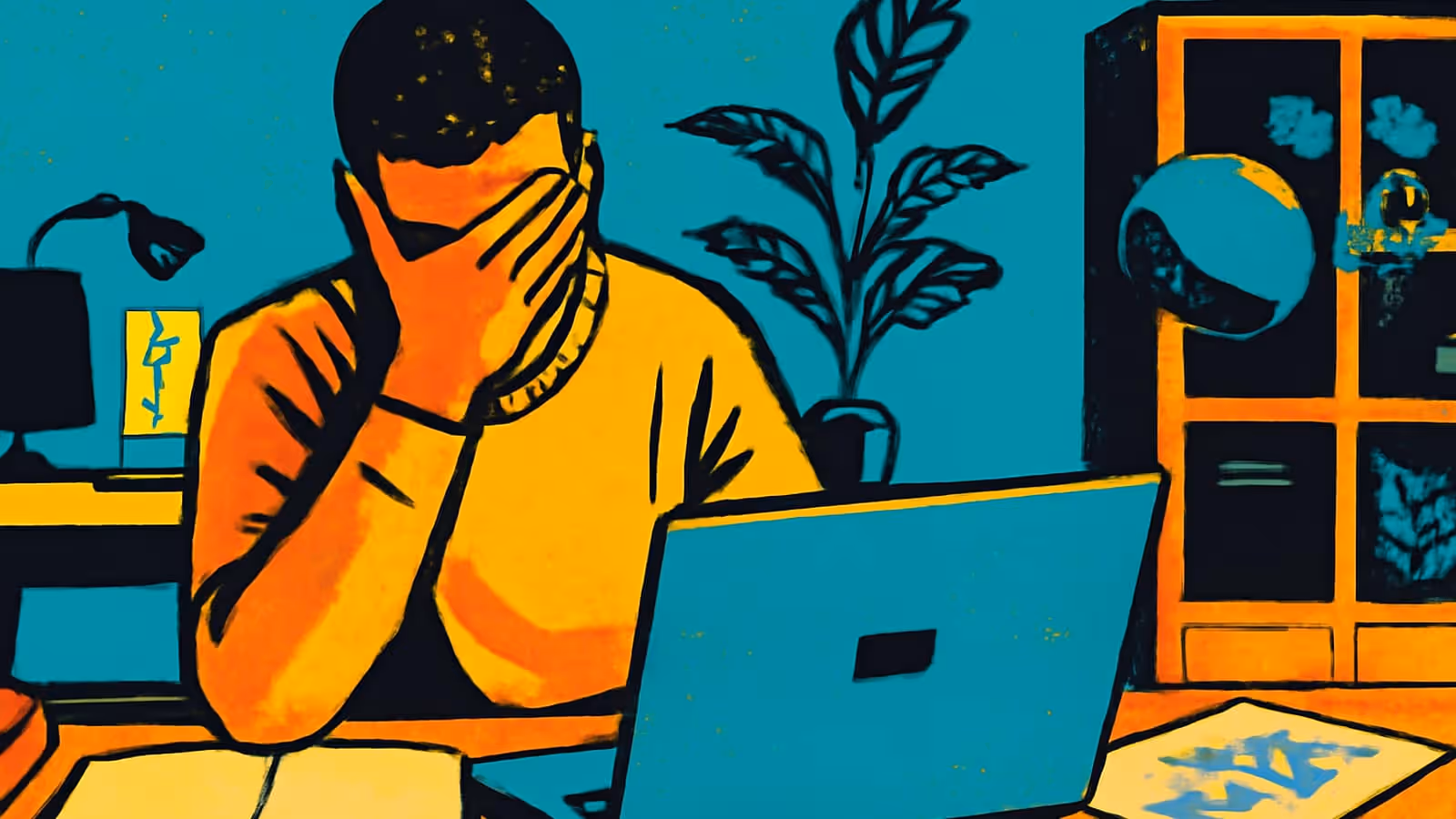 Pop-art illustration of a man at a cluttered desk, head propped on one hand.