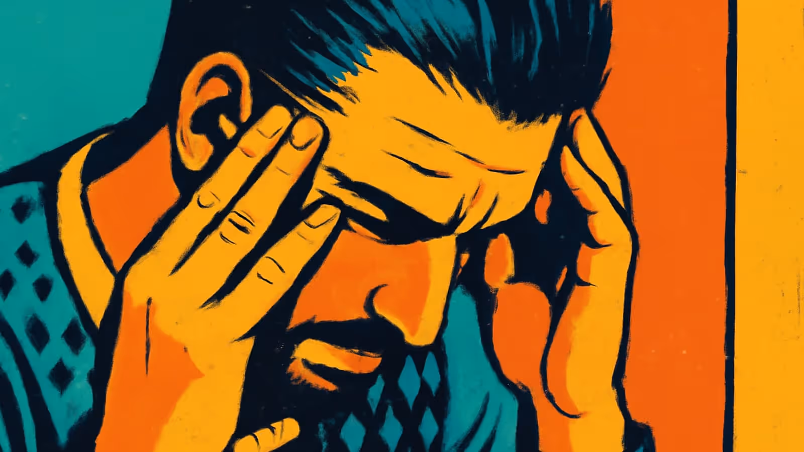 Pop-Art-Illustration im Nahbereich eines bärtigen Mannes, der beide Hände an seine Sch temples drückt und die Augen geschlossen hat.