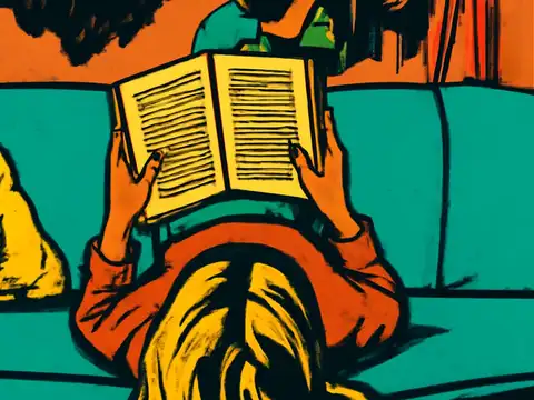 Pop-art illustration of a person lying on a couch reading an open book held above their head, in orange and teal.