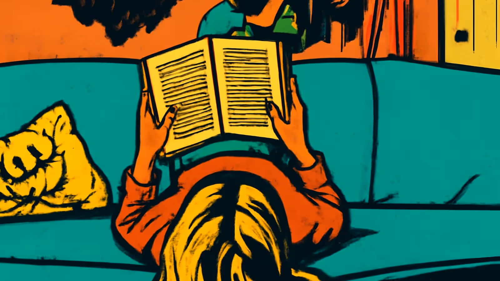Pop-Art-Illustration einer Person, die auf einer Couch liegt und ein offenes Buch über ihrem Kopf hält, in Orange und Blaugrün.