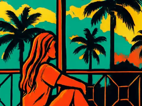 A person with long hair sitting on a balcony with their knees drawn up, looking out past a railing at palm trees against a green sky, rendered as a flat orange and teal illustration.