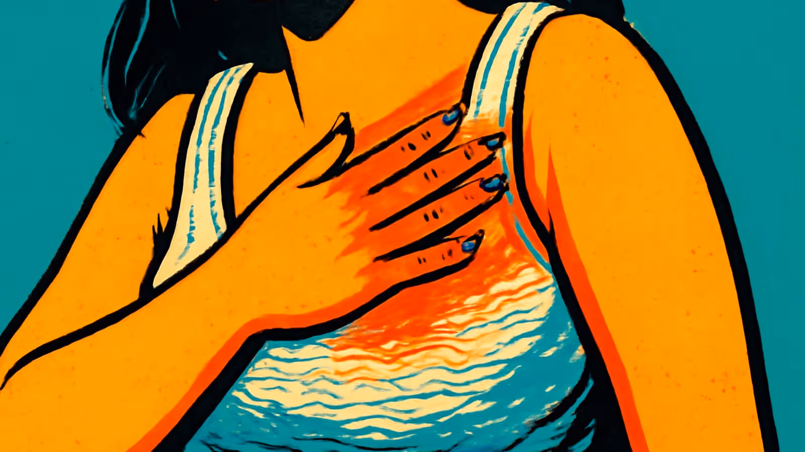 Pop-art illustration of a hand pressed flat to the chest, seen close up.