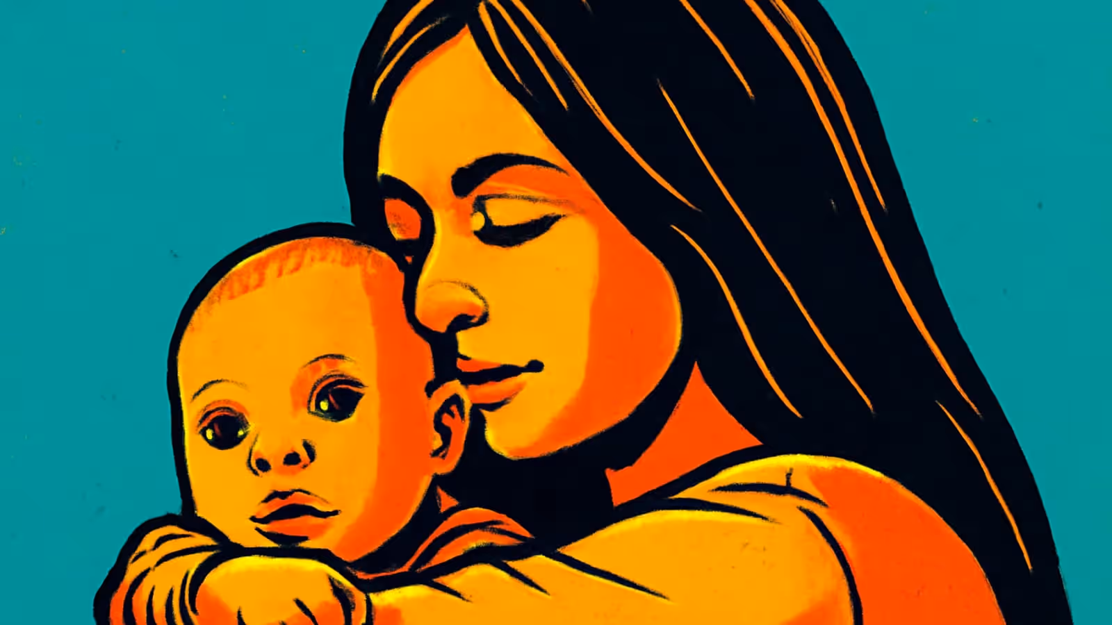 Pop-Art-Illustration einer Frau, die ein Baby an ihrer Schulter hält, mit geschlossenen Augen und der Wange, die an dem Kind ruht.