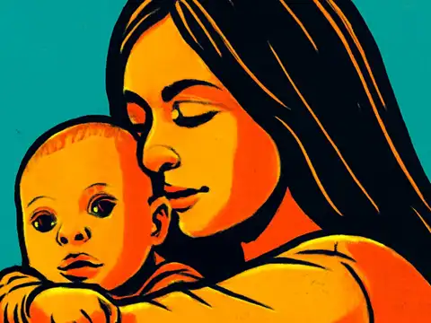 Pop-art illustration of a woman holding a baby against her shoulder, her eyes closed and her cheek resting against the child.
