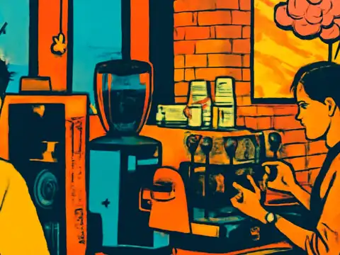 Pop-art illustration of a woman standing at a coffee shop counter seen in profile, with another customer in the foreground.