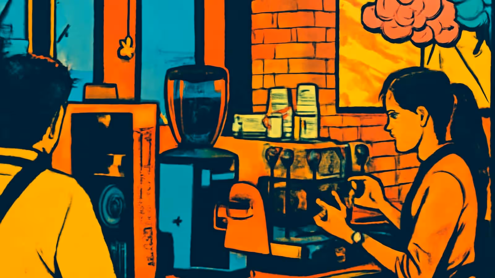 Pop-Art-Illustration einer Frau, die seitlich an der Theke eines Cafés steht, mit einem weiteren Kunden im Vordergrund.
