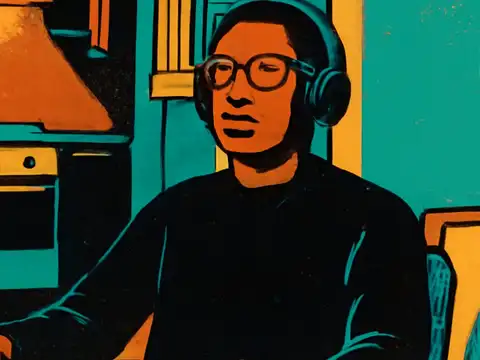 Pop-art illustration of a man in glasses and over-ear headphones sitting at a kitchen table, looking away from another person nearby.