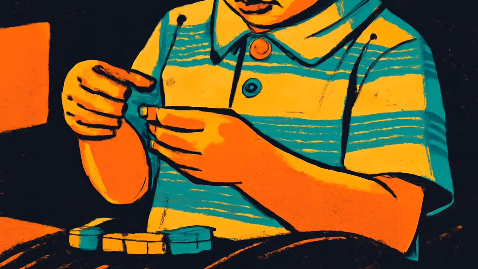 Pop-Art-Illustration eines kleinen Kindes in einem gestreiften Poloshirt, das kleine Bauklötze in Orange und Türkis hält.