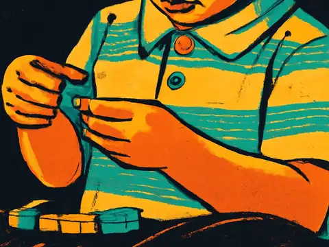 Pop-art illustration of a young child in a striped polo shirt holding small building blocks, in orange and teal.