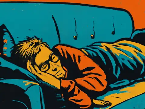 A person in glasses lying on their side on a sofa under a blanket with their eyes closed, rendered as a flat orange, teal and yellow illustration.