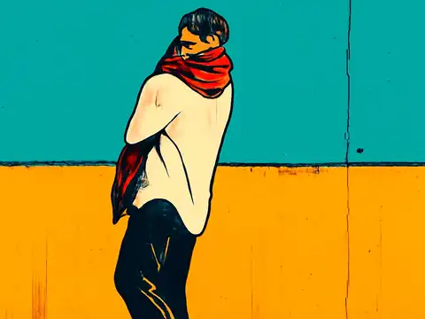 Pop-art illustration of a person seen from behind, wrapped in a red scarf, standing alone against a plain wall.