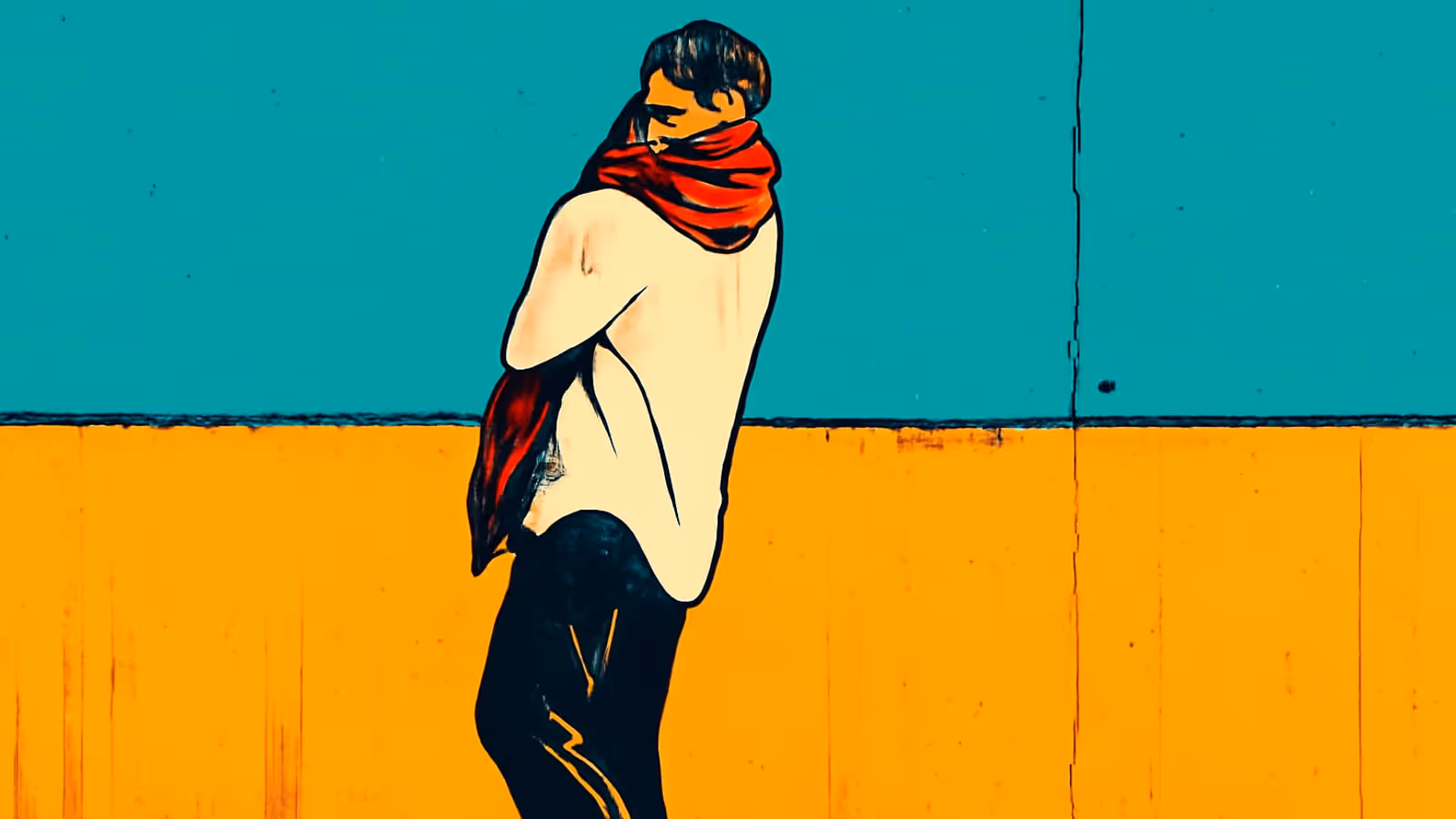Pop-Art-Illustration einer Person, die von hinten zu sehen ist, in einen roten Schal gehüllt, allein vor einer schlichten Wand stehend.