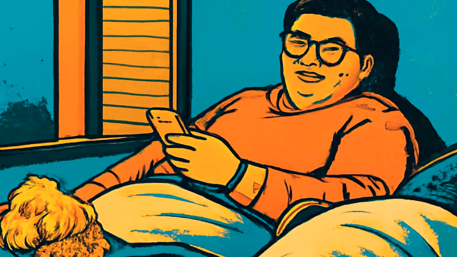 Eine flache Illustration einer Person in einem orangefarbenen Pullover, die im Bett gelehnt ein Telefon hält, mit einem Fenster und halb geschlossenen Jalousien hinter sich.