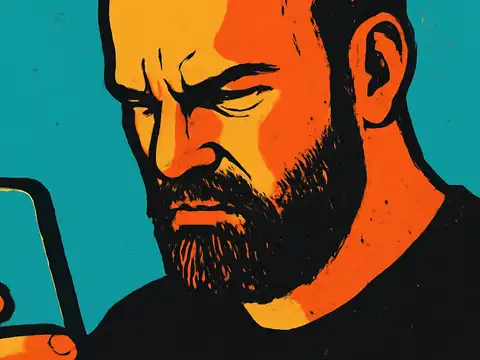 Pop-art illustration of a bearded man frowning down at the phone he is holding up in front of him.