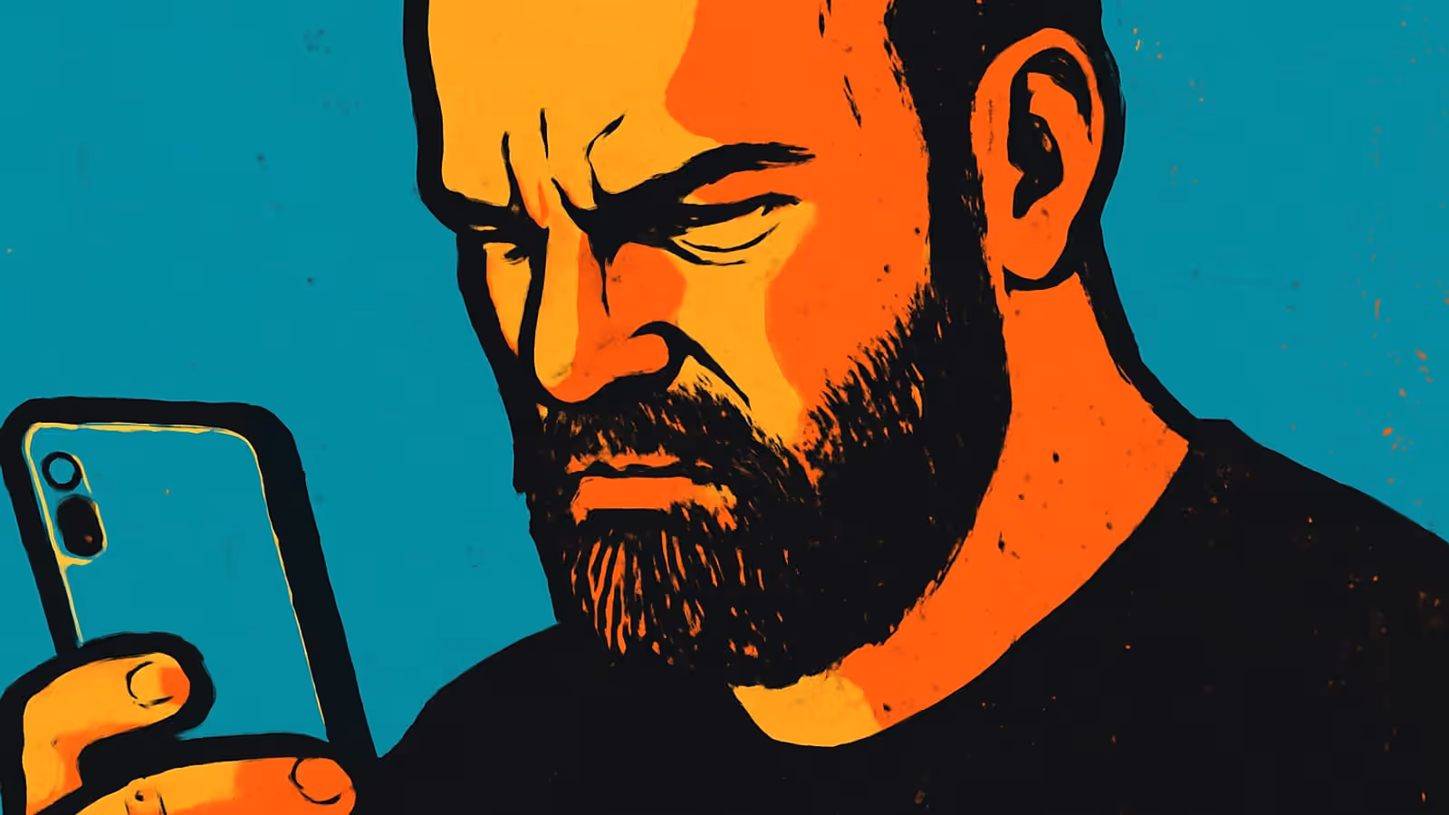 Pop-Art-Illustration eines bärtigen Mannes, der missmutig auf das Telefon schaut, das er vor sich hält.