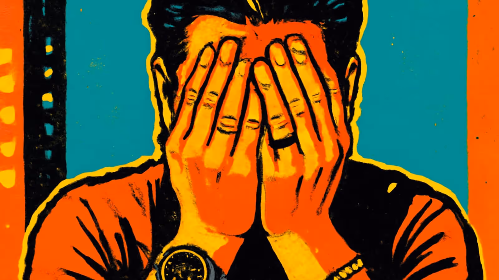 Una persona cubriéndose la cara con ambas manos, un reloj en una muñeca, representada como una ilustración plana en naranja, amarillo y azul verdoso.