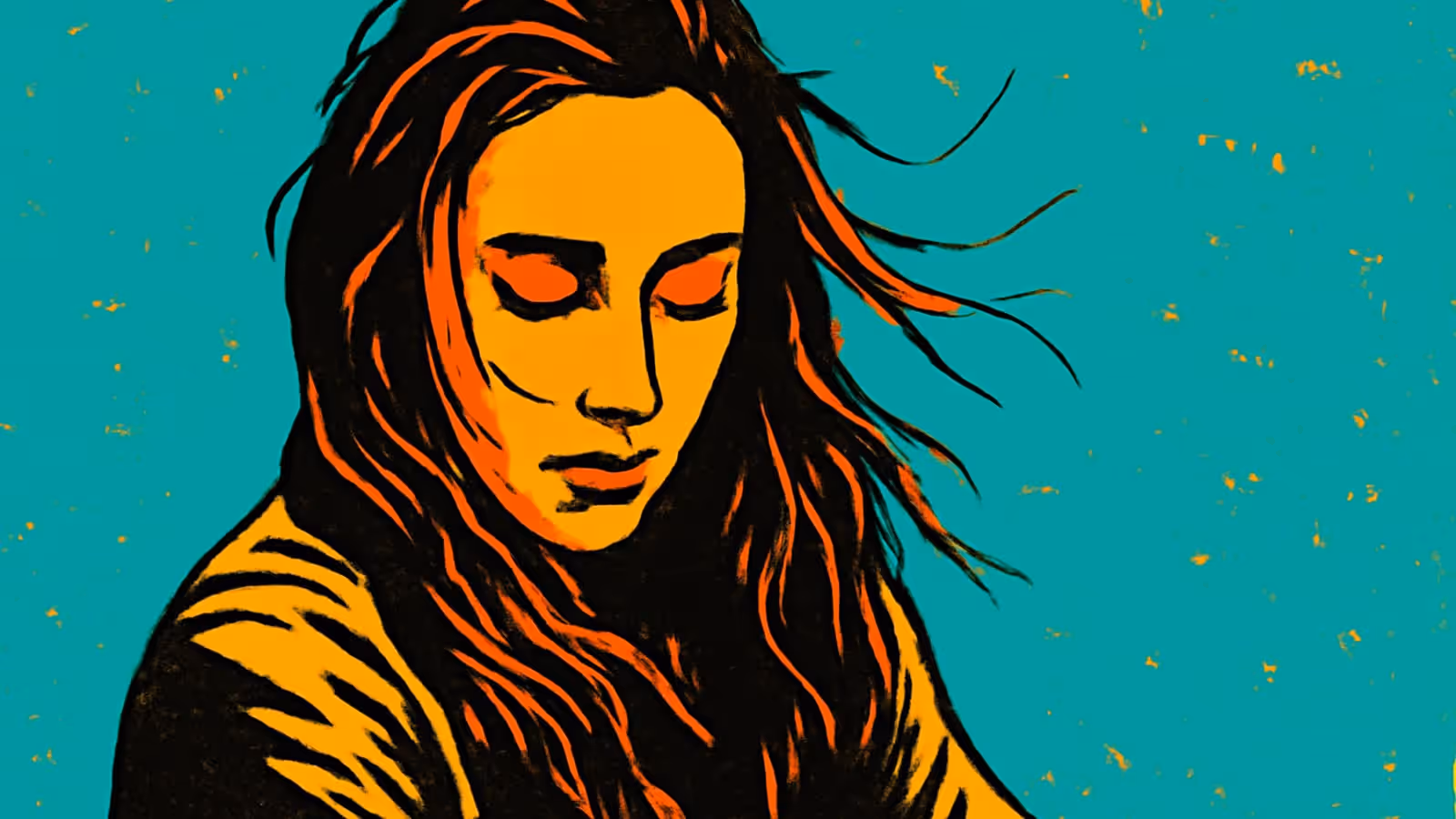 Pop-art illustration of a person with long dark hair and lowered eyes, seen close up against a flat teal background.