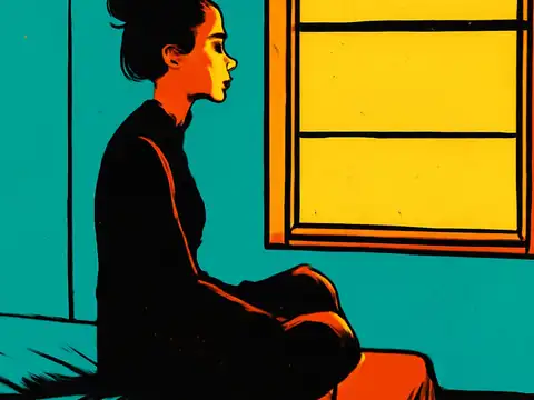 Pop-art illustration of a woman sitting cross-legged on the edge of a bed, looking towards a bright window.
