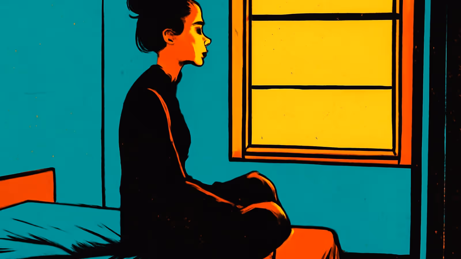 Pop-Art-Illustration einer Frau, die im Schneidersitz am Rand eines Bettes sitzt und in Richtung eines hellen Fensters schaut.