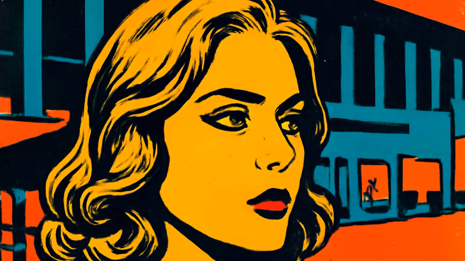Ein nahes Porträt einer Person mit welligem Haar, die zur Seite schaut, mit einer Straße von Gebäuden im Hintergrund, dargestellt als flache Illustration in Gelb, Orange und Teal.