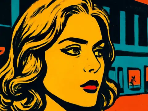 A close portrait of a person with wavy hair looking away to one side, a street of buildings behind them, rendered as a flat yellow, orange and teal illustration.