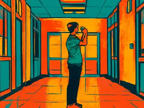 Pop-art illustration of a young person standing alone in the middle of an empty school corridor, looking at a phone held up to their face.
