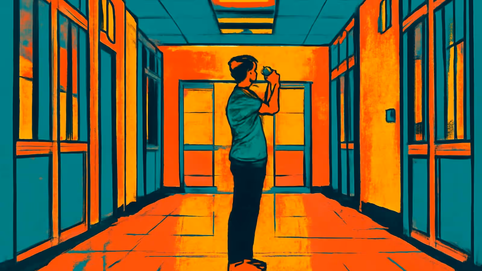 Pop-Art-Illustration einer jungen Person, die allein inmitten eines leeren Schulflurs steht und auf ein Telefon schaut, das vor ihr Gesicht gehalten wird.