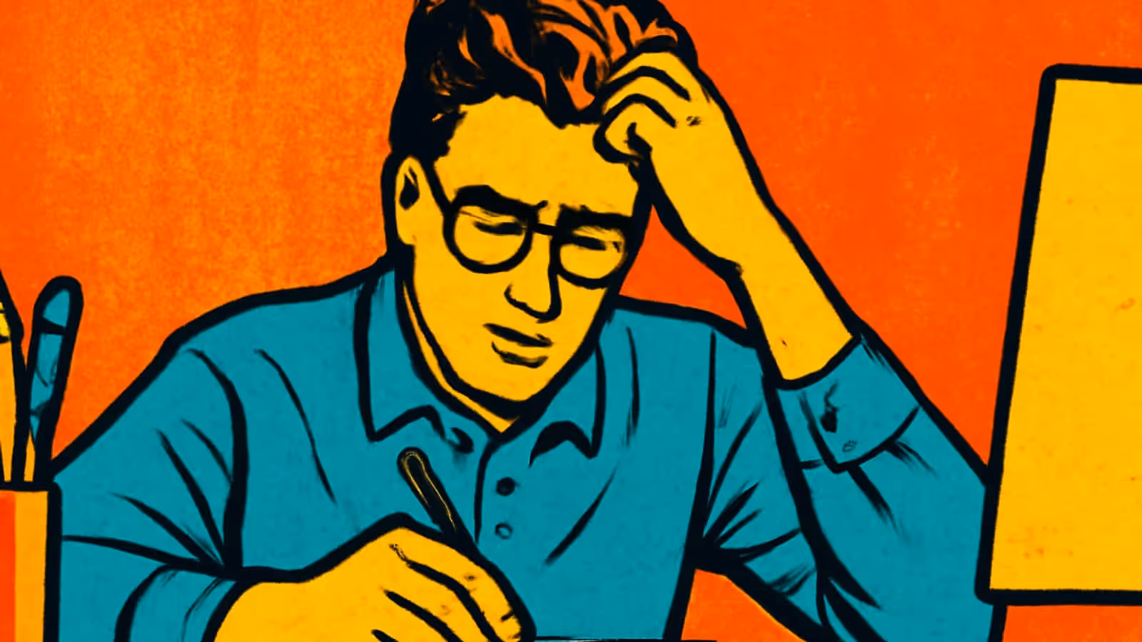 Pop-Art-Illustration einer Person an einem Schreibtisch in einem Hemd mit Kragen und Brille, eine Hand durch das Haar zurückgeschoben, die Augen auf das Papier gerichtet, auf dem sie schreibt.