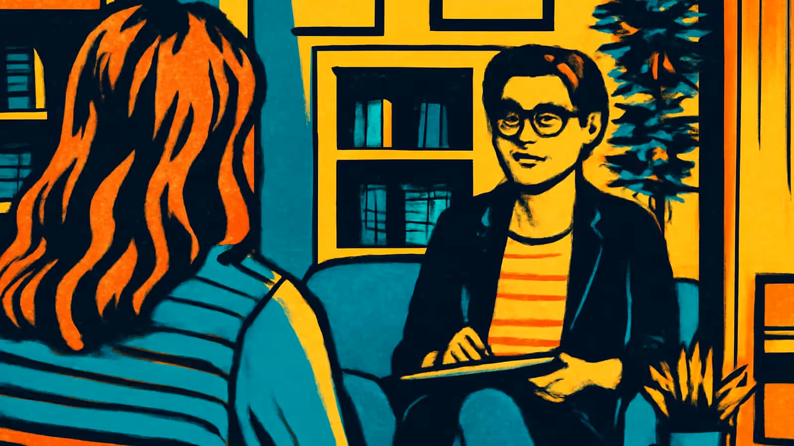 Ilustración de pop-art de dos personas sentadas frente a frente en una habitación con estanterías, una sosteniendo un bloc de notas en su regazo, la otra vista desde atrás.