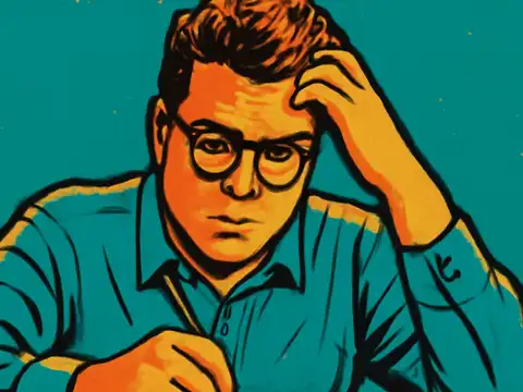 Pop-art illustration of a man in glasses sitting at a desk with one hand in his hair, holding a pen over a page.