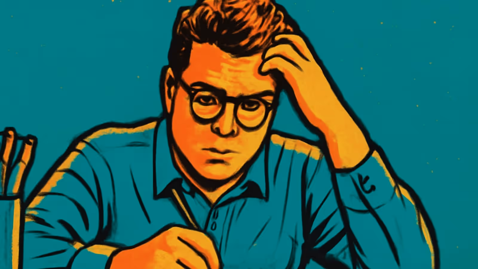Pop-Art-Illustration eines Mannes mit Brille, der an einem Schreibtisch sitzt, mit einer Hand in seinem Haar und einem Stift über einer Seite haltend.
