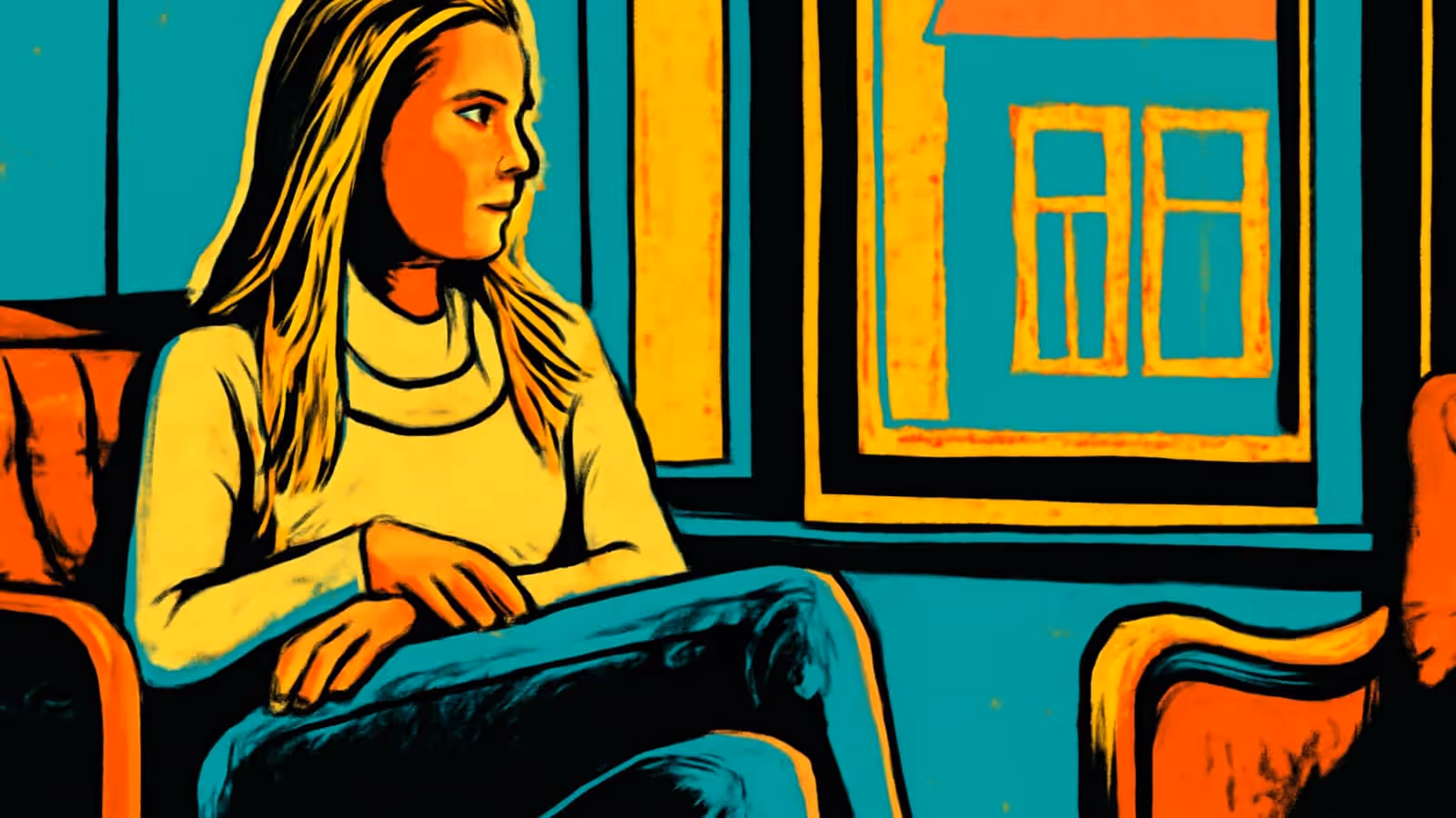Pop-art illustration of a person sitting in an armchair looking to one side, with a framed picture on the wall behind them.