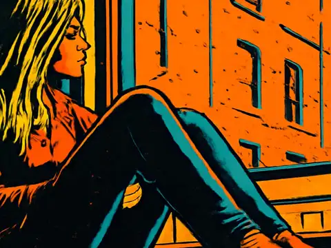 Pop-art illustration of a woman sitting on a window ledge with her knees drawn up, looking out towards a building opposite.