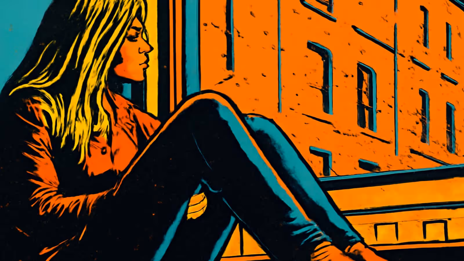 Pop-Art-Illustration einer Frau, die auf einer Fensterbank sitzt, die Knie angezogen, und hinaus auf ein gegenüberliegendes Gebäude schaut.