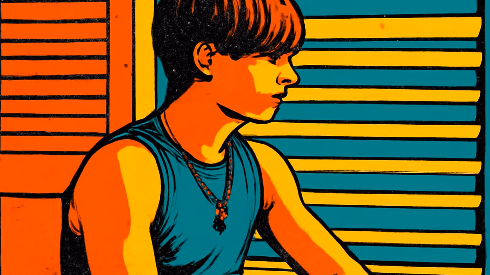 Ilustración de pop-art de una persona con una camiseta sin mangas sentada de perfil, mirando hacia abajo y hacia un lado, contra franjas horizontales en tonos naranja y teal.