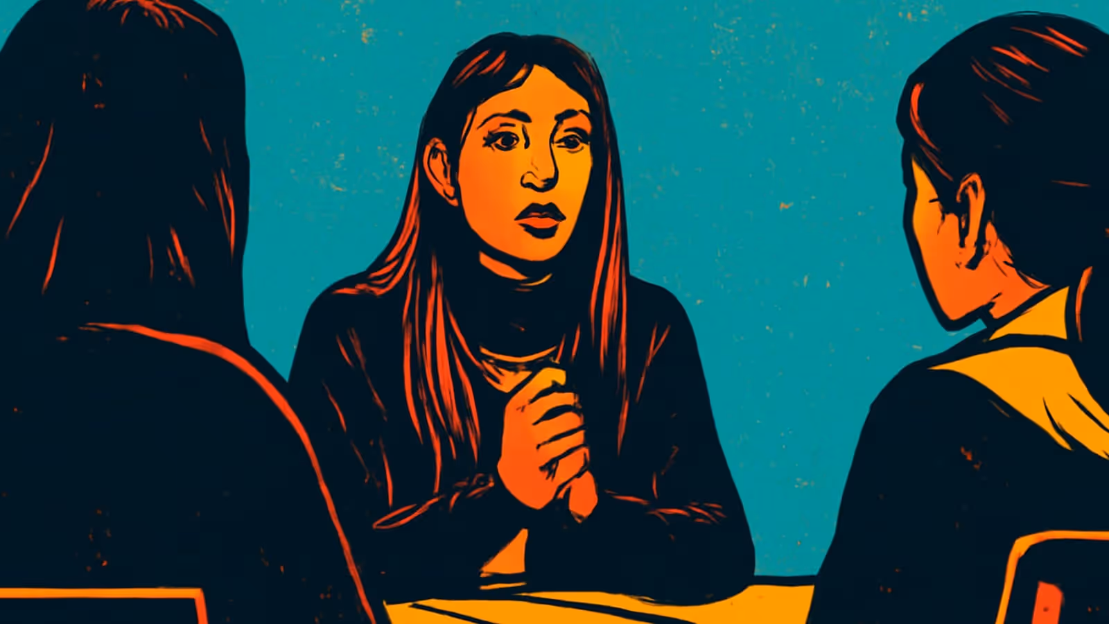 Ilustración de pop-art de una persona con cabello largo sentada en una mesa con las manos entrelazadas, frente a dos personas que se ven desde atrás, contra un fondo plano color teal.
