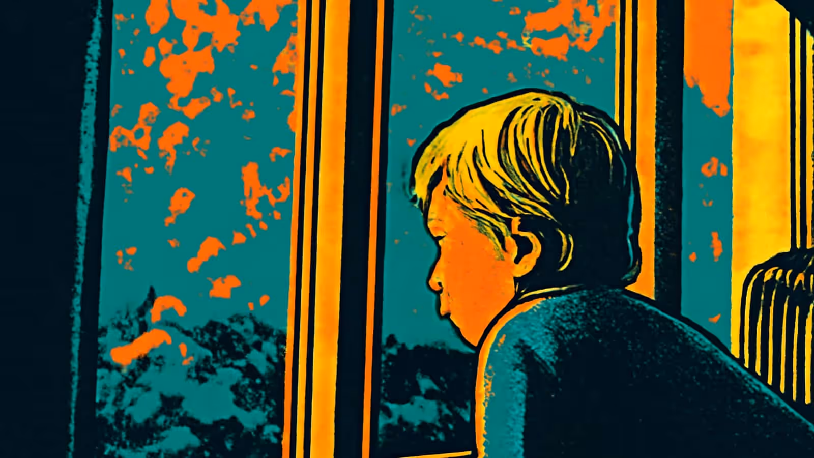 Pop-Art-Illustration eines jungen Kindes im Profil, das durch ein Fenster auf Bäume schaut.